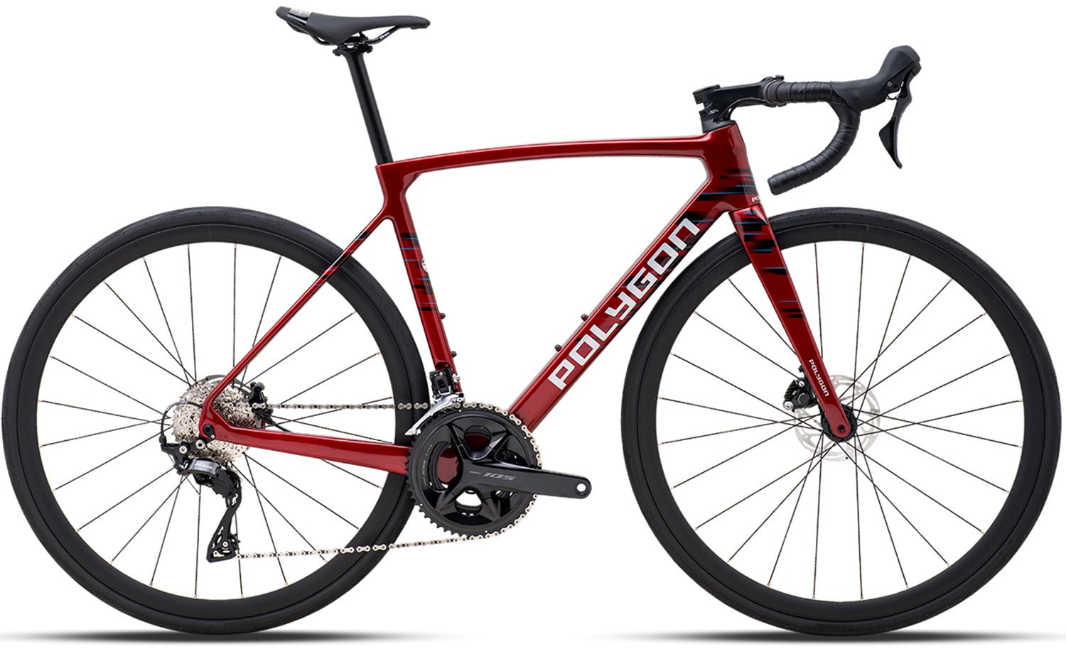 Deep red/black Polygon Strattos S7 Disc road bike with Shimano 105 groupset and disc brakes.