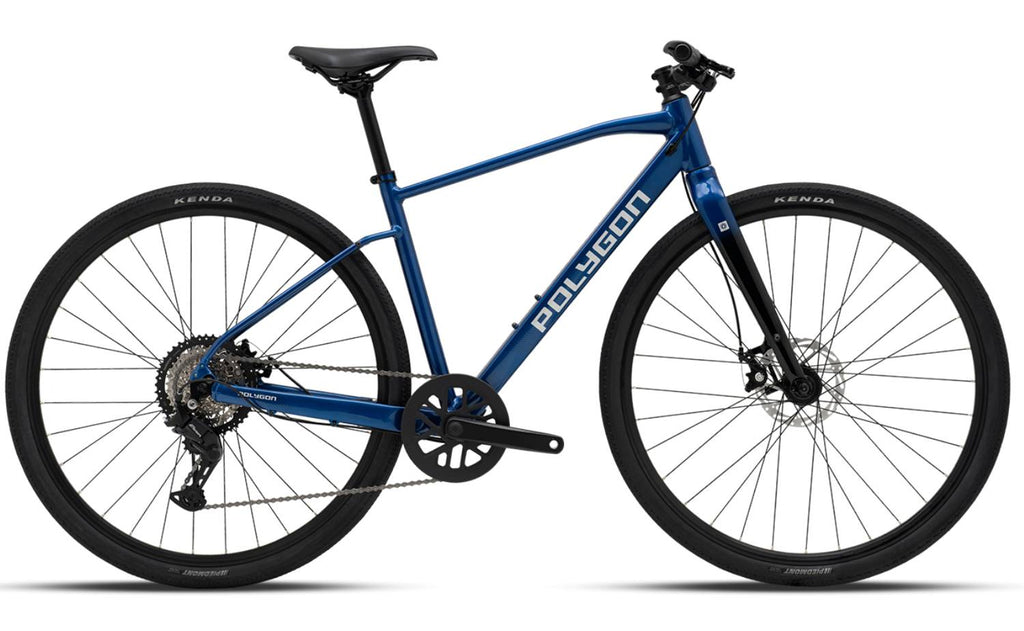 Blue Polygon Path 2 hybrid bike with disc brakes.